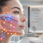 Schéma scientifique de la pénétration transépidermique des liposomes multilamellaires et exosomes cosmétiques avec zones de risque toxicologique