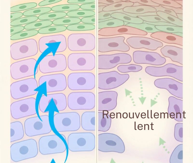 Schéma du renouvellement cellulaire de la peau et son ralentissement avec l'âge