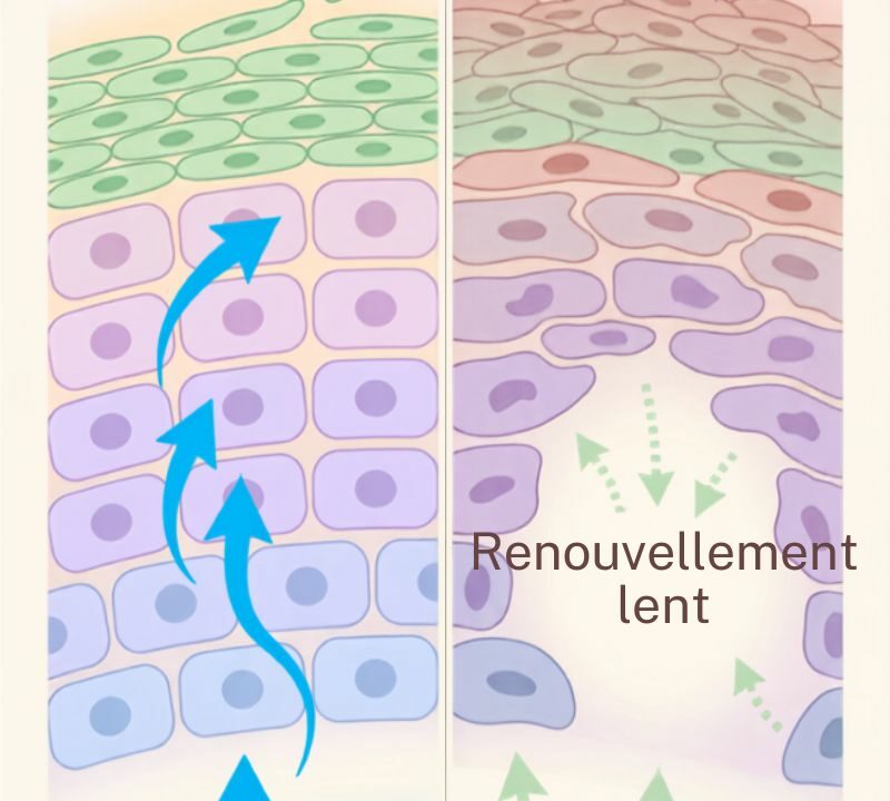 Schéma du renouvellement cellulaire de la peau et son ralentissement avec l'âge